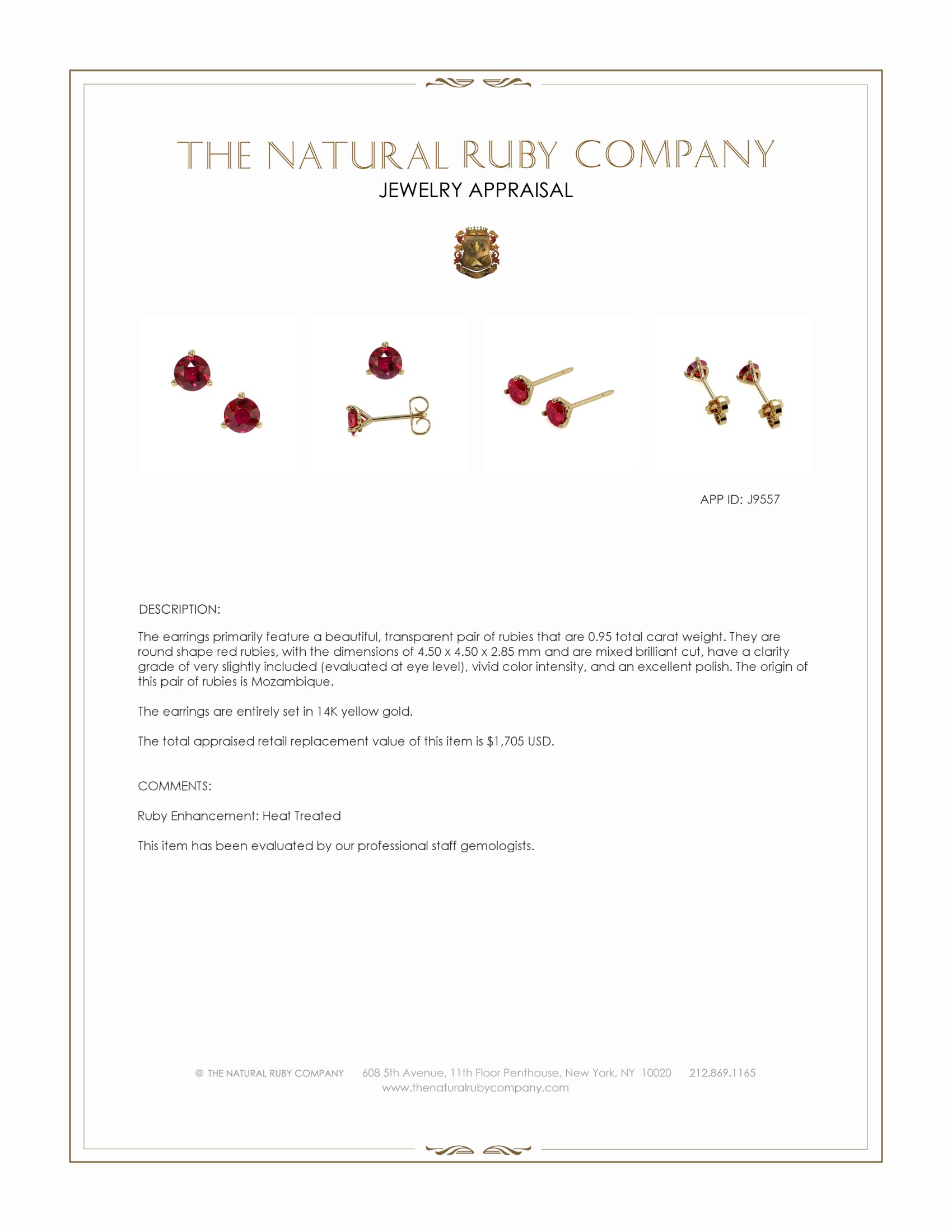 0.95 Ct.Tw. Ruby Studs Earrings, 14K Yellow Gold