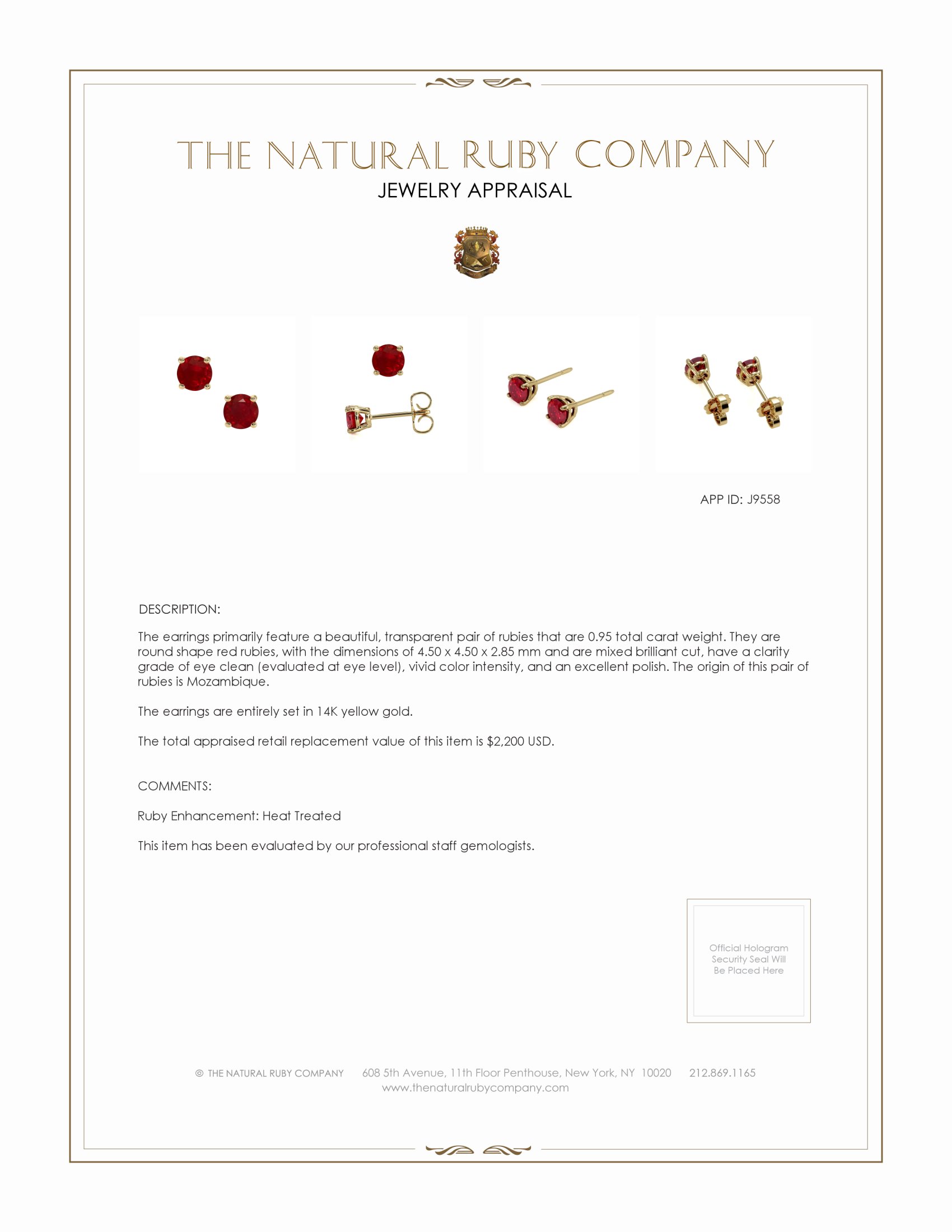 0.95 Ct.Tw. Ruby Studs Earrings, 14K Yellow Gold