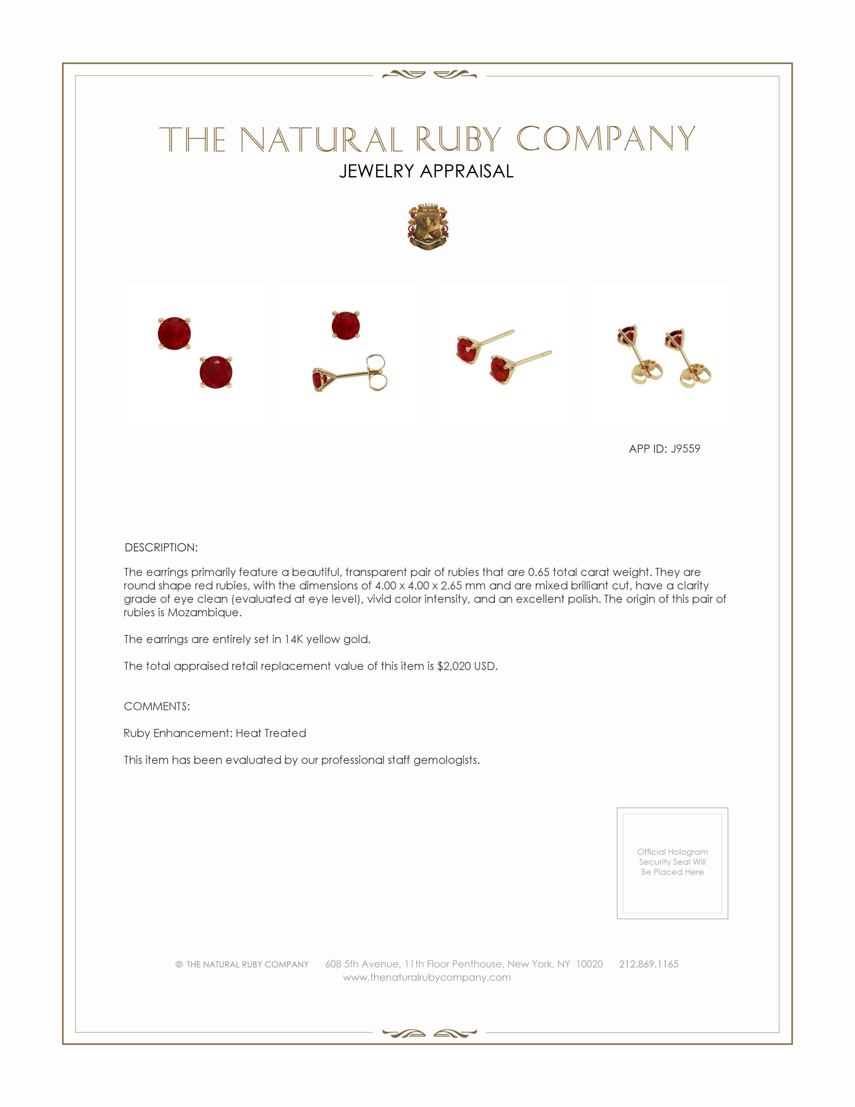 0.65 Ct.Tw. Ruby Studs Earrings, 14K Yellow Gold