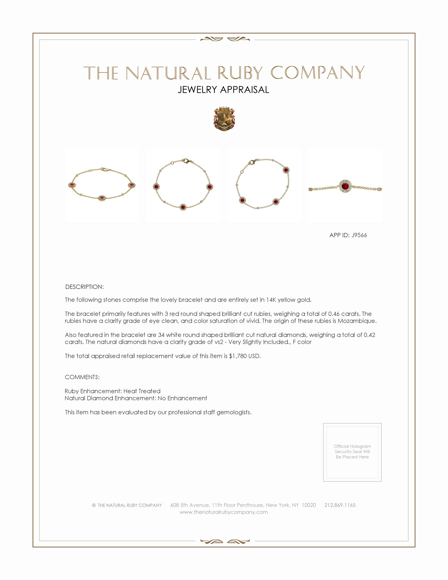 0.46 Ct.Tw. Ruby Natural Diamond Pave Bracelet, 14K Yellow Gold