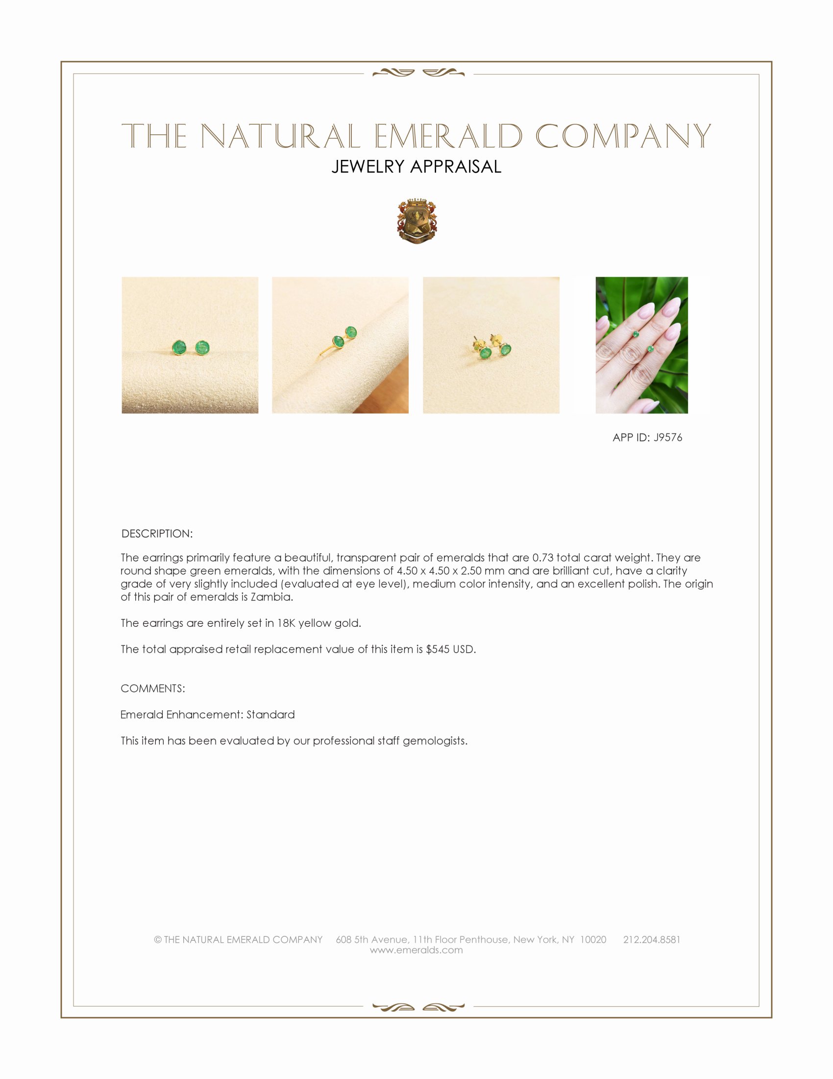 0.73 Ct.Tw. Emerald Studs Earrings, 18K Yellow Gold