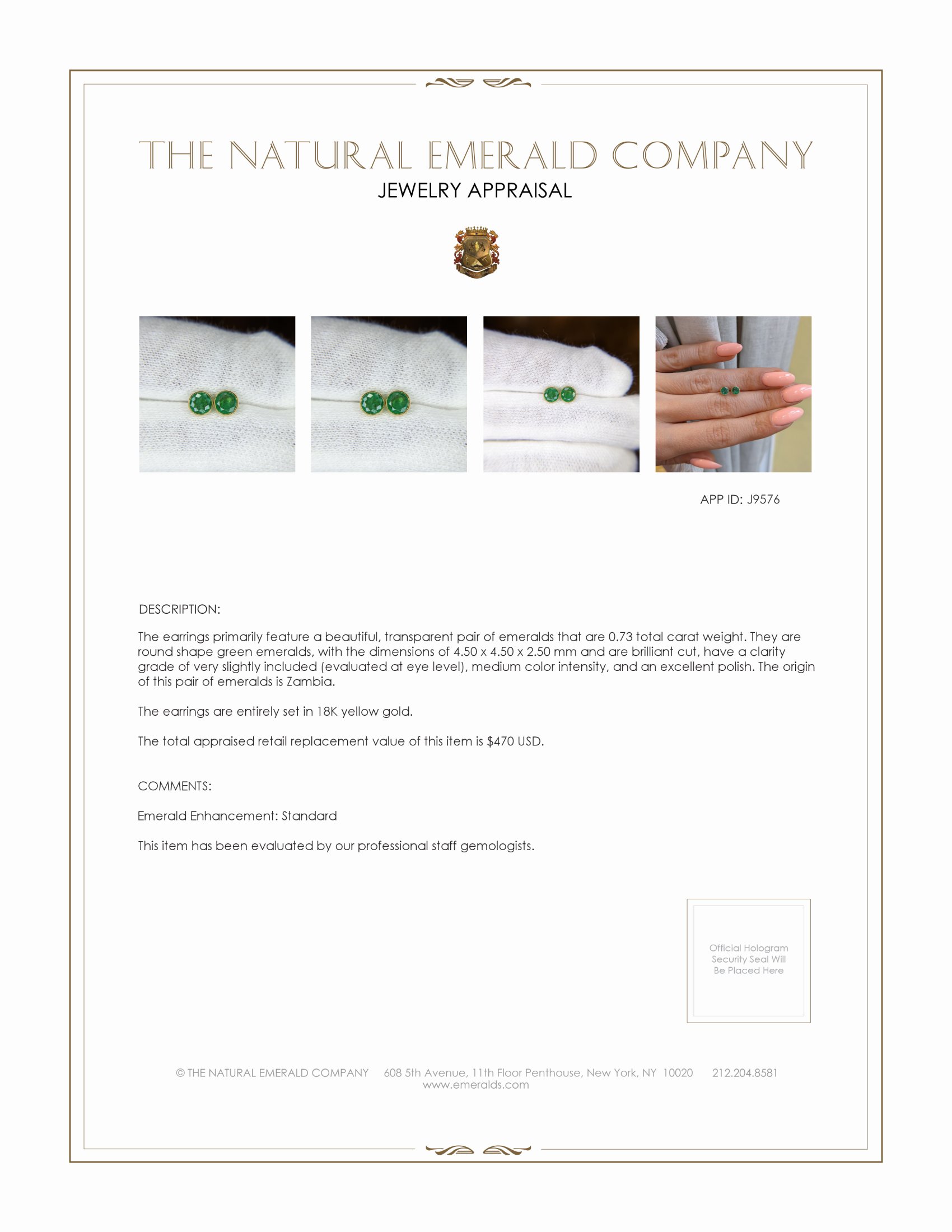 0.73 Ct.Tw. Emerald Studs Earrings, 18K Yellow Gold