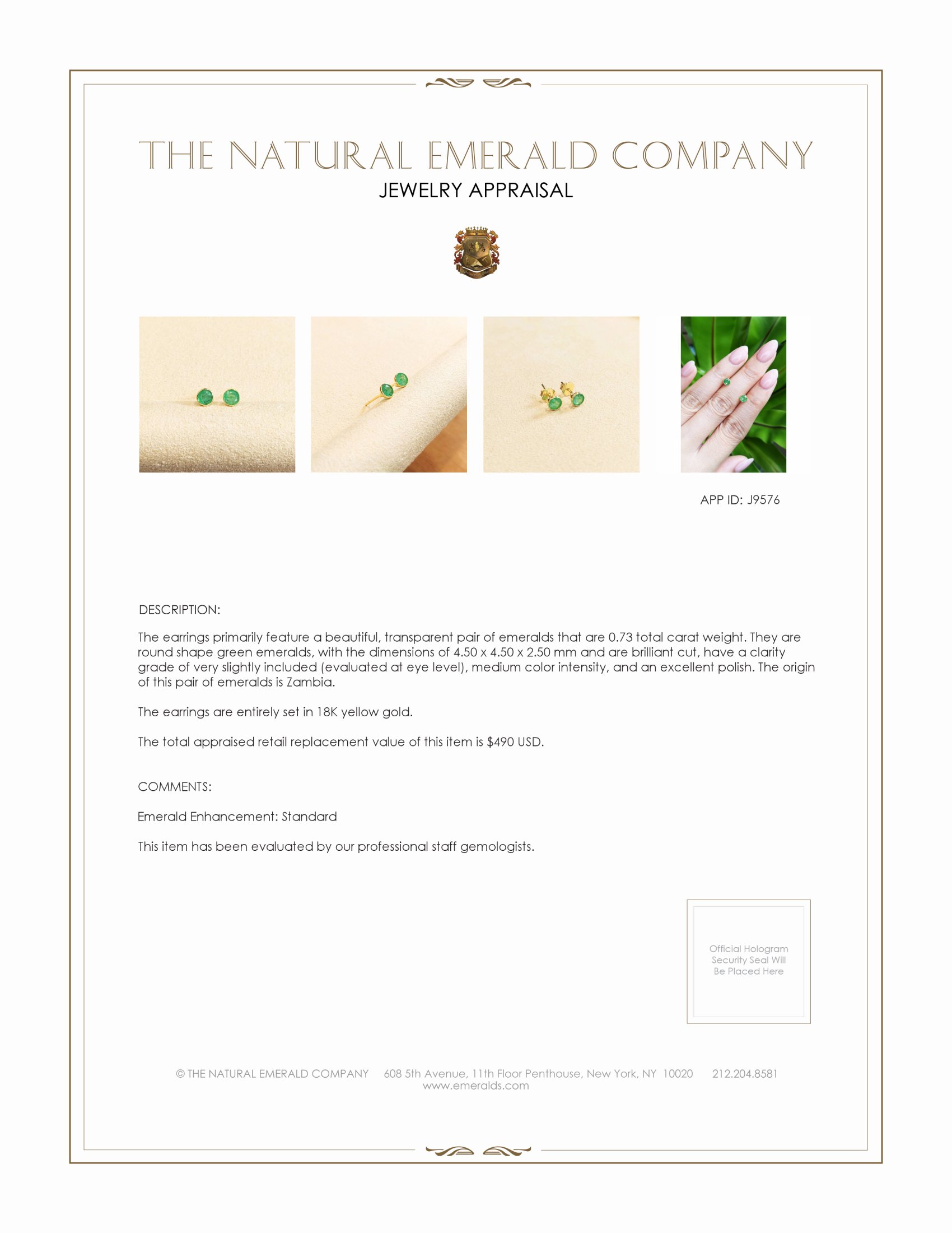 0.73 Ct.Tw. Emerald Studs Earrings, 18K Yellow Gold