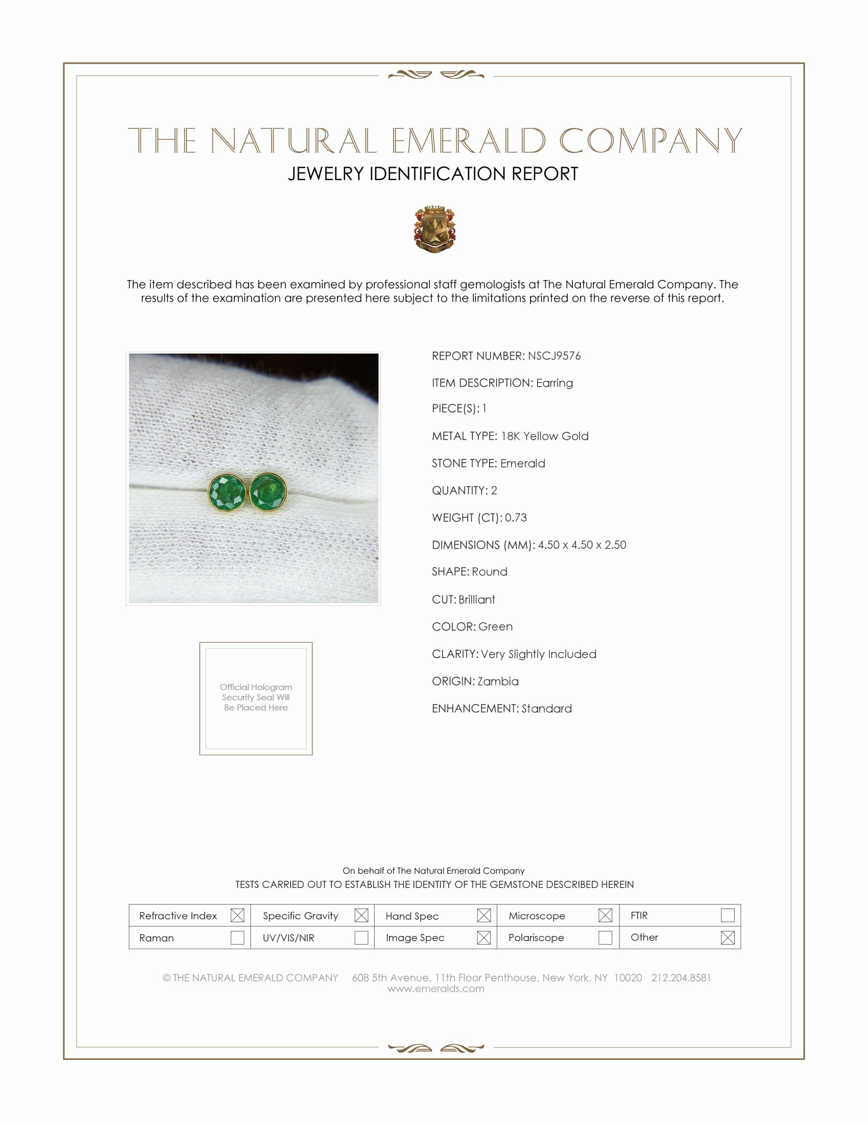 0.73 Ct.Tw. Emerald Studs Earrings, 18K Yellow Gold