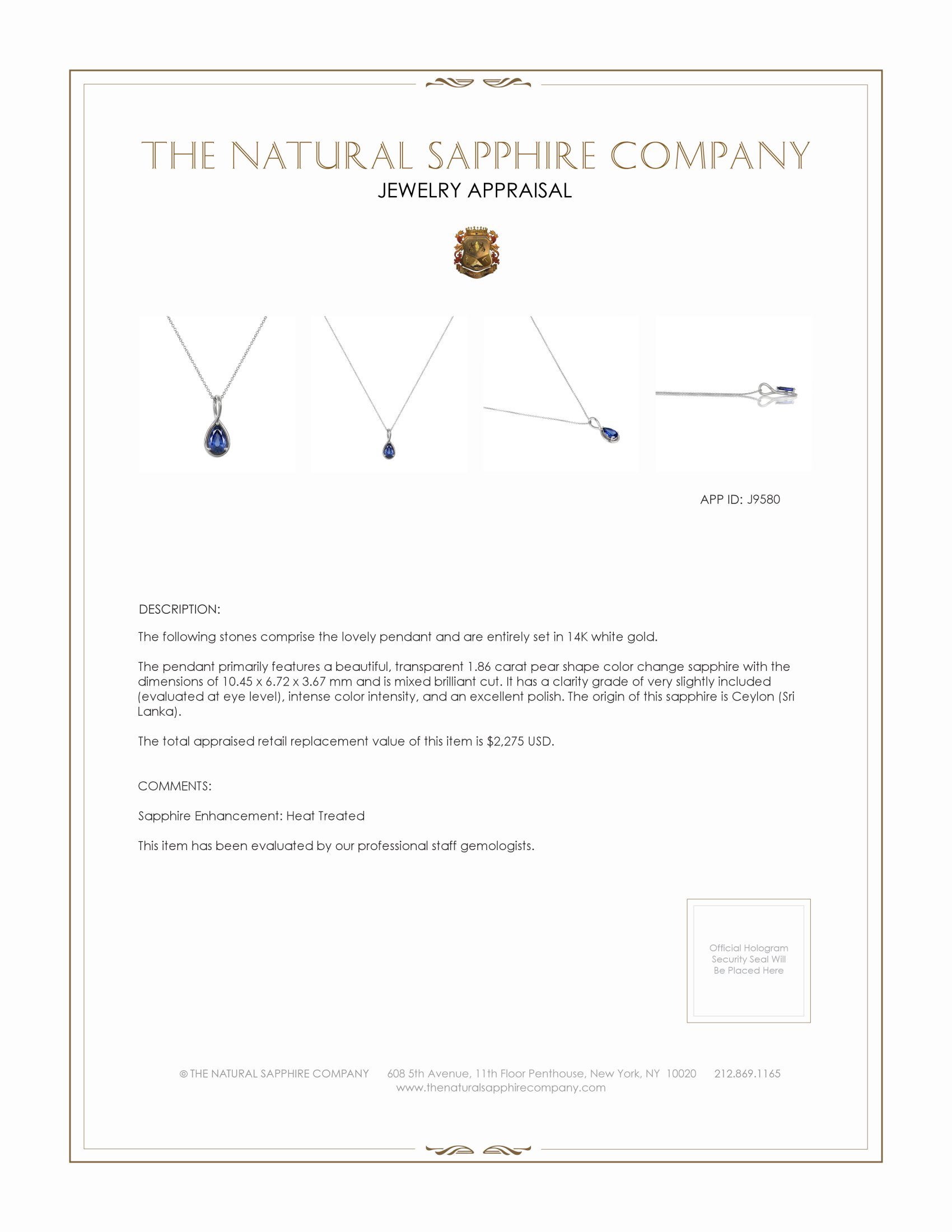 1.86 Ct. Color Change Sapphire Solitaire Pendant, 14K White Gold