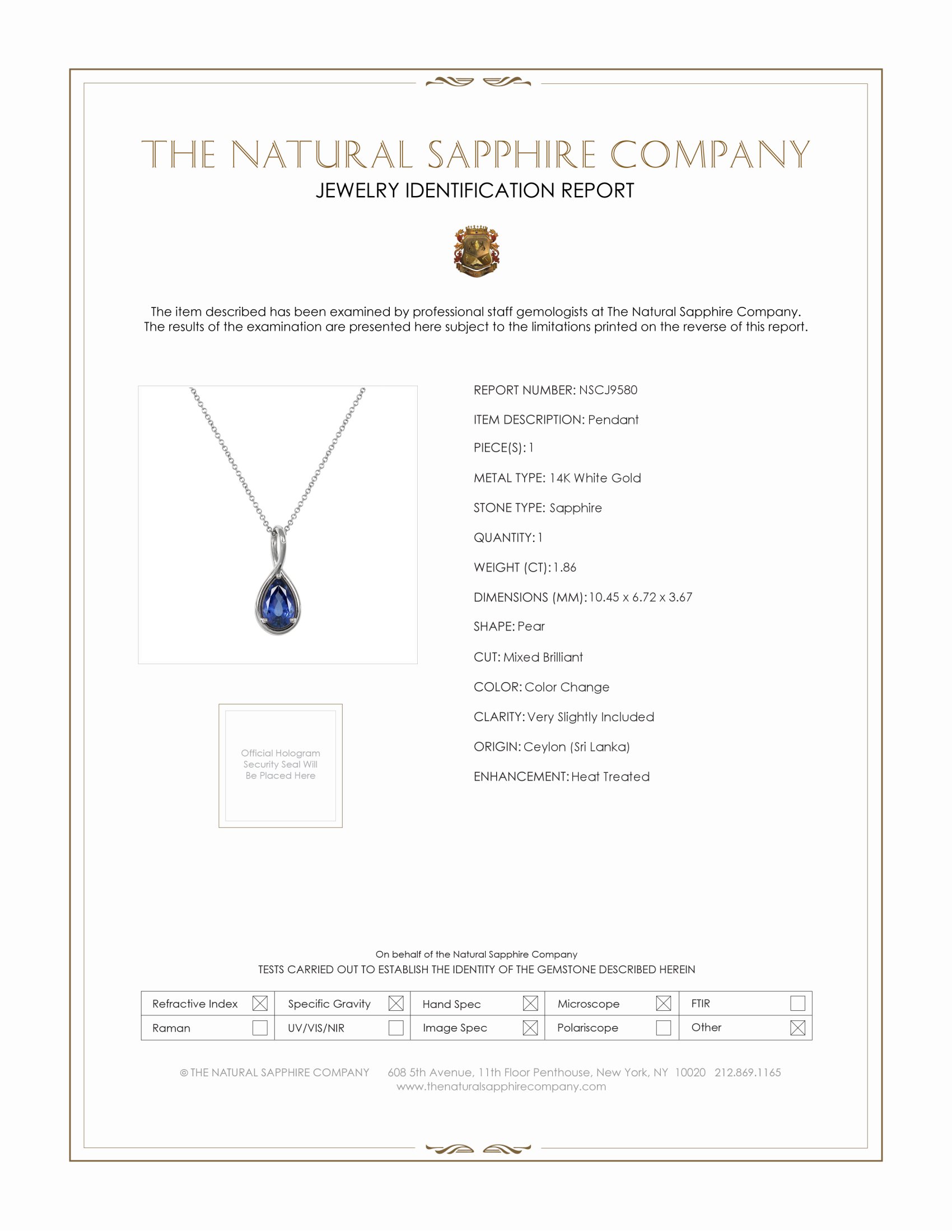1.86 Ct. Color Change Sapphire Solitaire Pendant, 14K White Gold