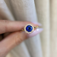 1.07 Ct. Blue Sapphire and Natural Diamond Pave Ring, 18K Yellow Gold Image