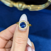 1.07 Ct. Blue Sapphire and Natural Diamond Pave Ring, 18K Yellow Gold Image