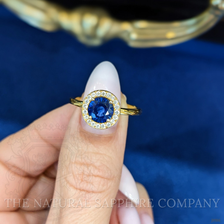 1.07 Ct. Blue Sapphire and Natural Diamond Pave Ring, 18K Yellow Gold