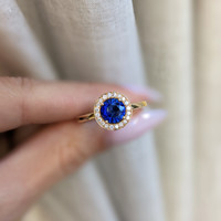 1.07 Ct. Sapphire Natural Diamond Pave Ring, 18K Yellow Gold Image