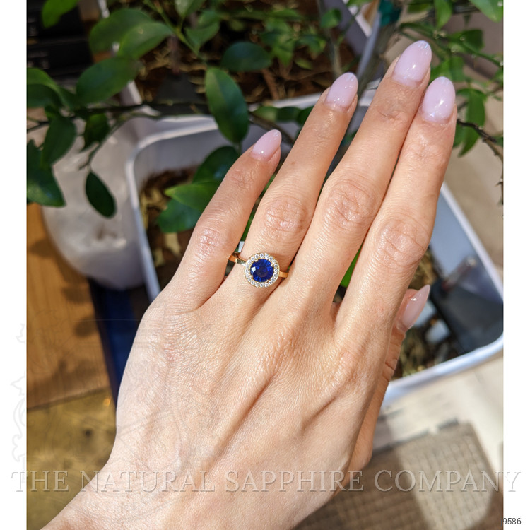 1.07 Ct. Blue Sapphire and Natural Diamond Pave Ring, 18K Yellow Gold