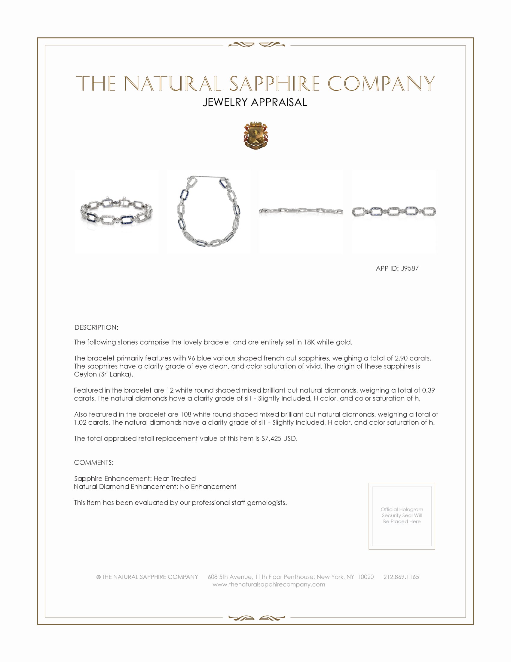 2.90 Ct.Tw. Blue Sapphire and Natural Diamond Pave Bracelet, 18K White Gold