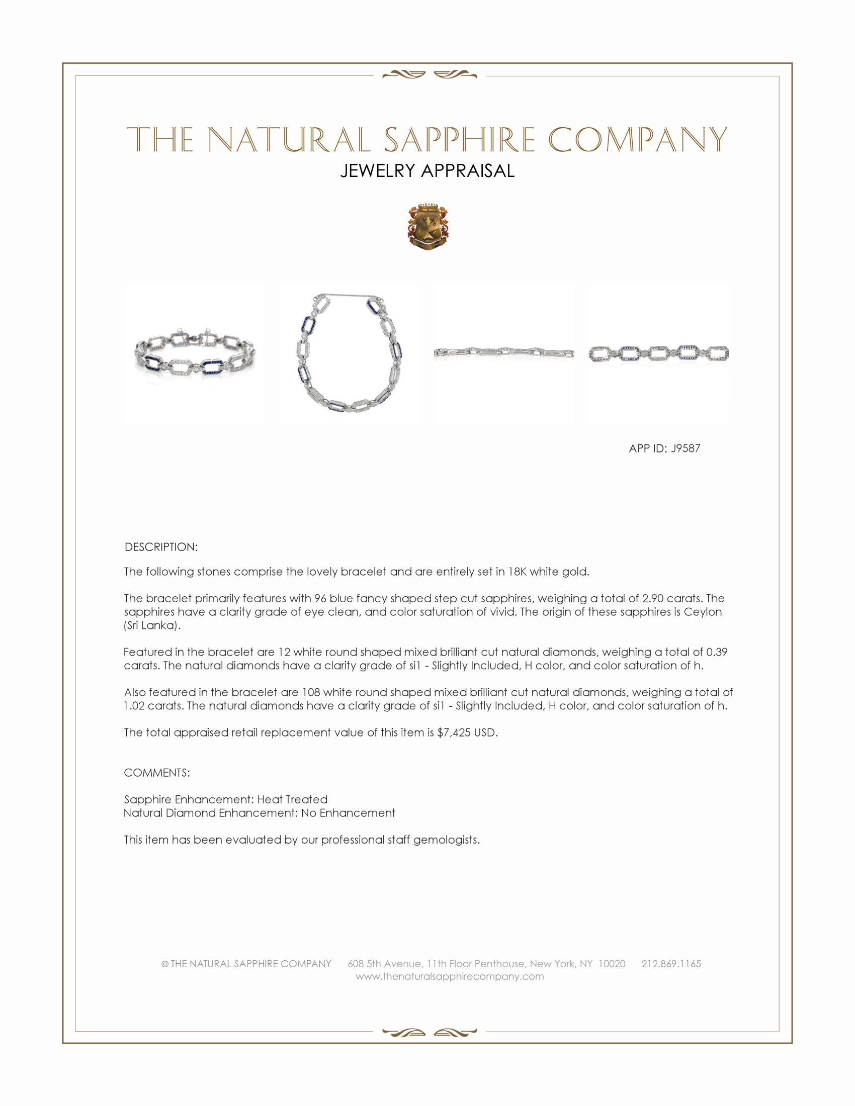 2.90 Ct.Tw. Blue Sapphire and Natural Diamond Pave Bracelet, 18K White Gold