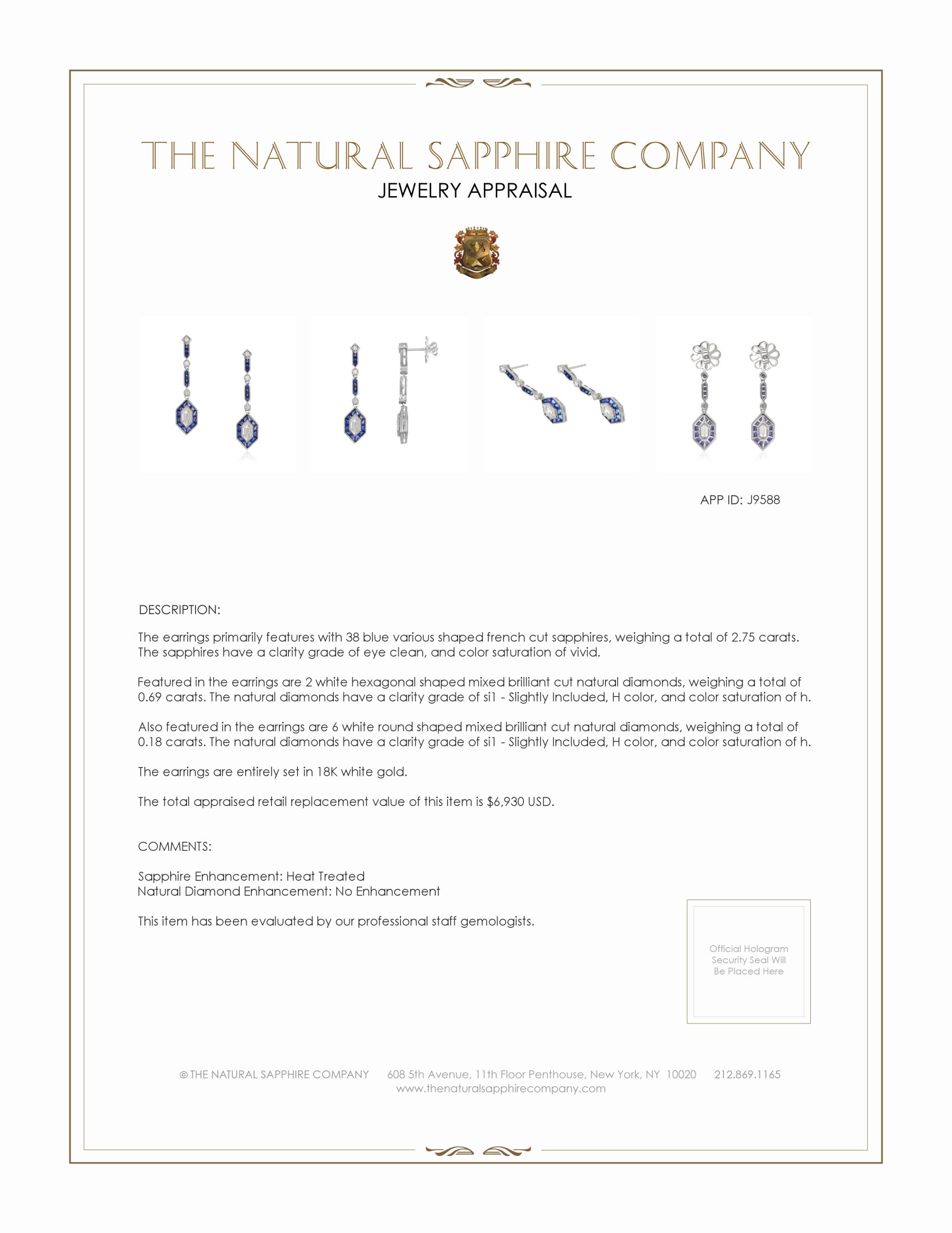 2.75 Ct.Tw. Blue Sapphire and Natural Diamond Antique Style Earrings, 18K White Gold