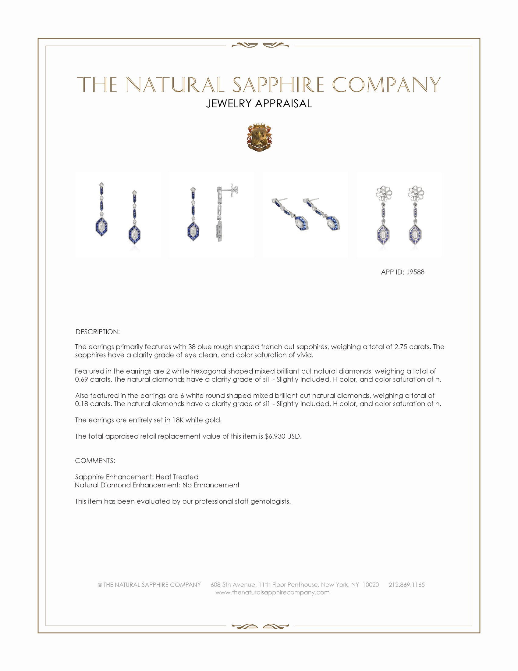 2.75 Ct.Tw. Blue Sapphire and Natural Diamond Antique Style Earrings, 18K White Gold