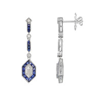 2.75 Ct.Tw. Blue Sapphire and Natural Diamond Antique Style Earrings, 18K White Gold Image