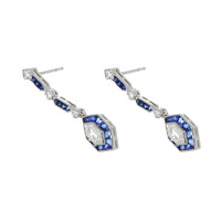 2.75 Ct.Tw. Blue Sapphire and Natural Diamond Antique Style Earrings, 18K White Gold Image