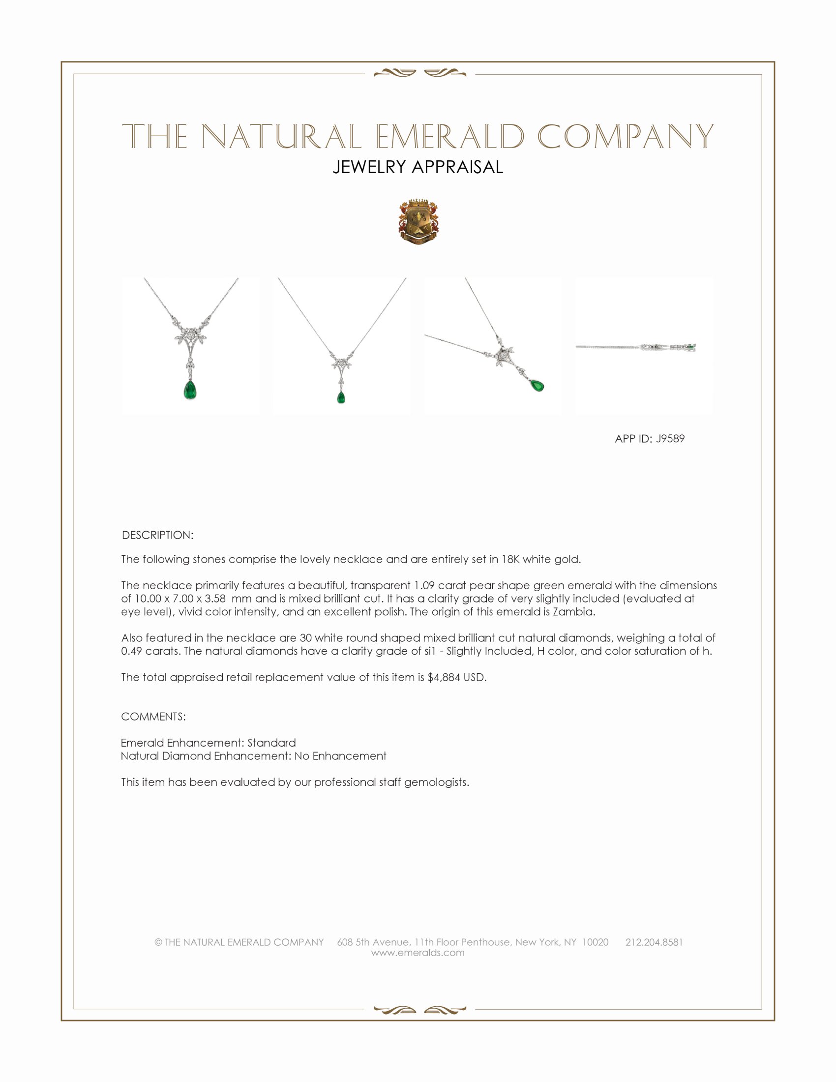 1.09 Ct. Emerald and Natural Diamond Antique Style Necklace, 18K White Gold