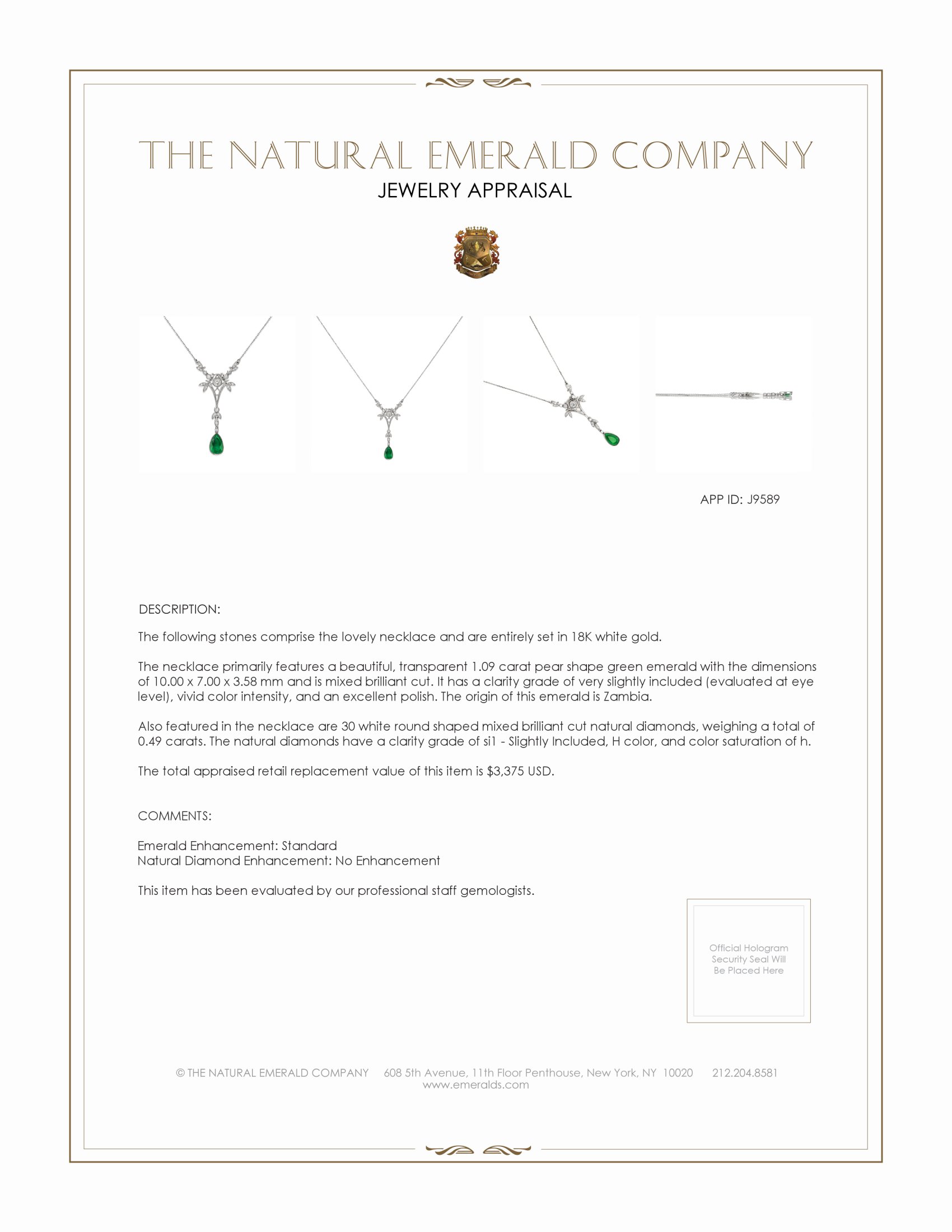 1.09 Ct. Emerald Natural Diamond Antique Style Necklace, 18K White Gold
