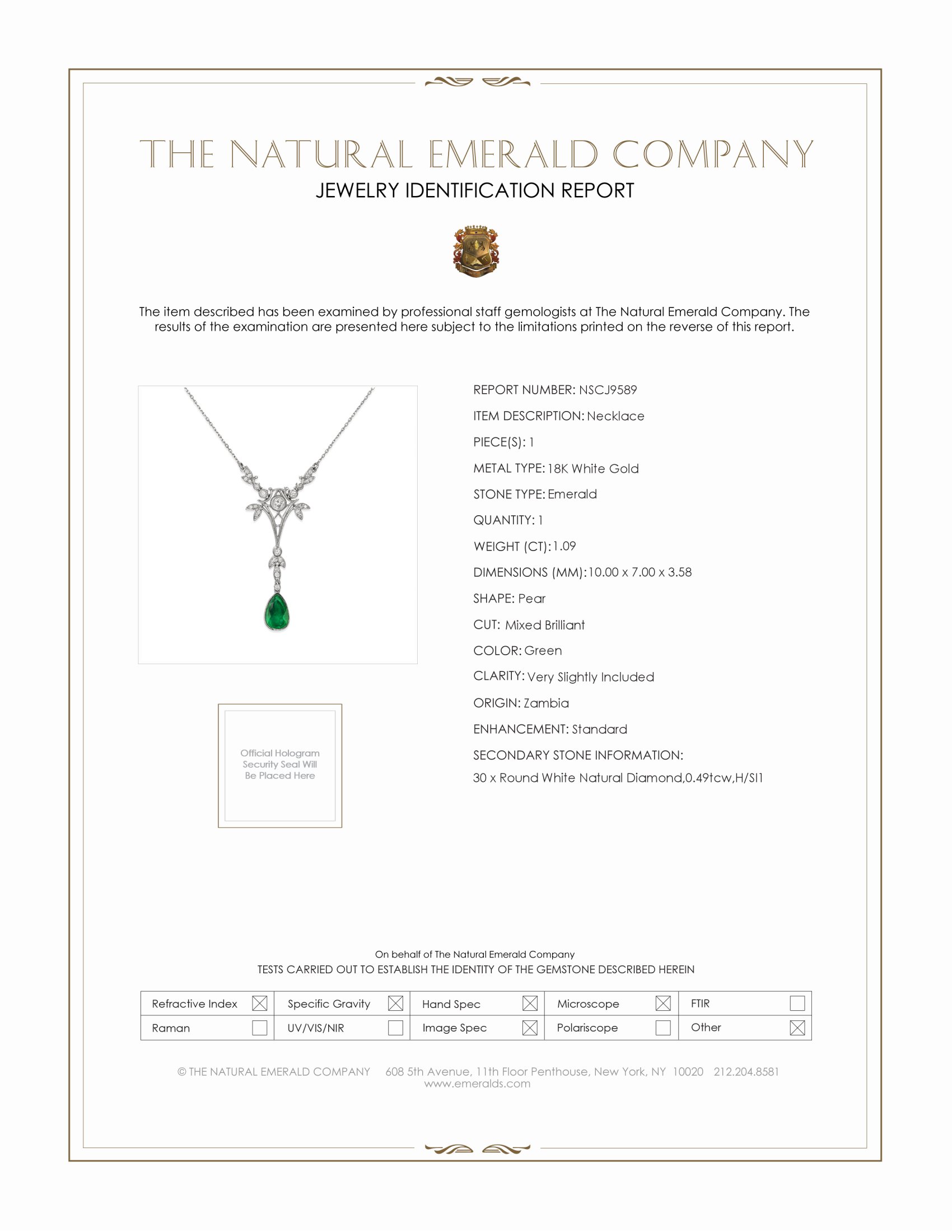 1.09 Ct. Emerald and Natural Diamond Antique Style Necklace, 18K White Gold