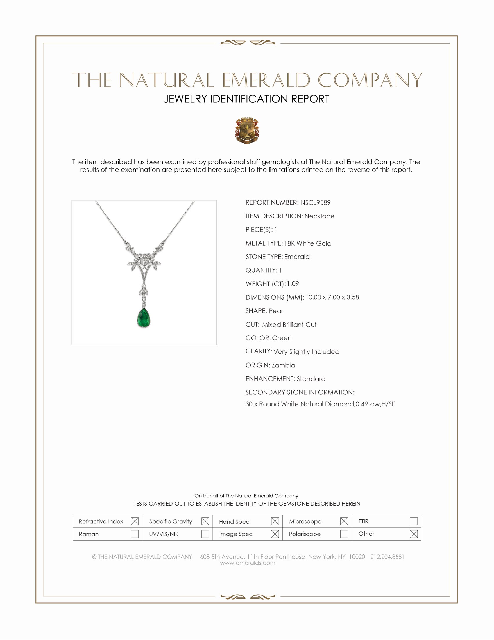 1.09 Ct. Emerald and Natural Diamond Antique Style Necklace, 18K White Gold
