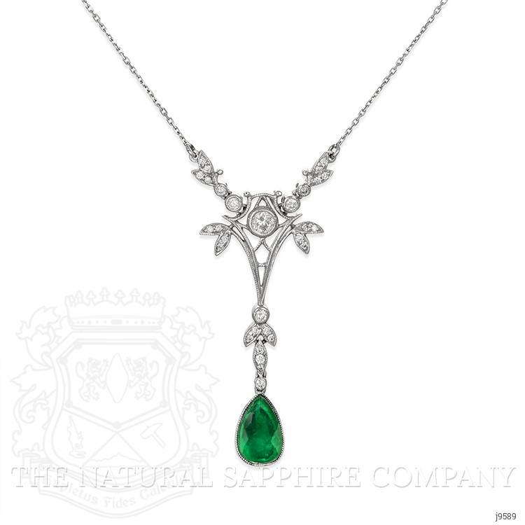 1.09 Ct. Emerald Natural Diamond Antique Style Necklace, 18K White Gold