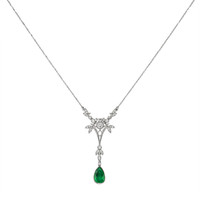 1.09 Ct. Emerald Natural Diamond Antique Style Necklace, 18K White Gold Image