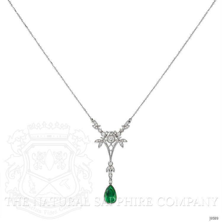 1.09 Ct. Emerald Natural Diamond Antique Style Necklace, 18K White Gold