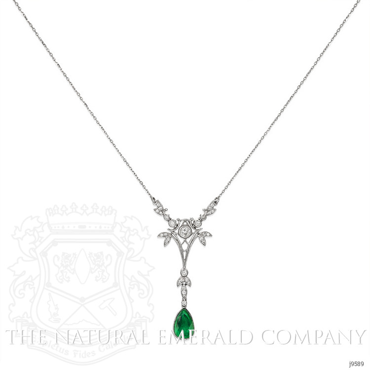 1.09 Ct. Emerald Natural Diamond Antique Style Necklace, 18K White Gold
