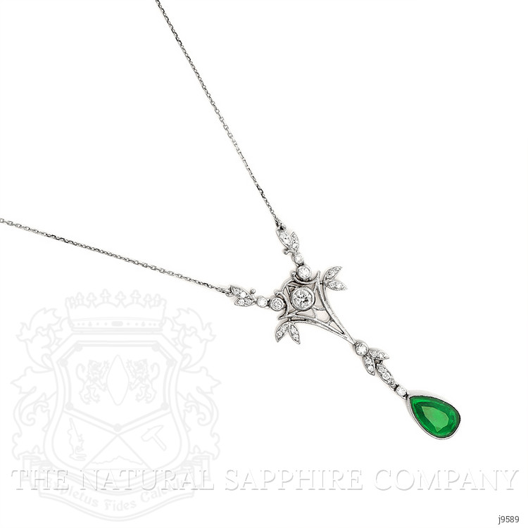 1.09 Ct. Emerald Natural Diamond Antique Style Necklace, 18K White Gold