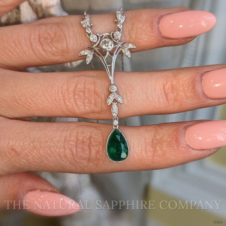 1.09 Ct. Emerald Natural Diamond Antique Style Necklace, 18K White Gold