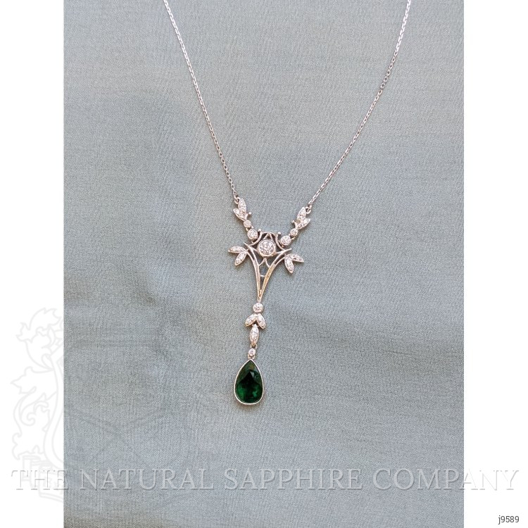 1.09 Ct. Emerald Natural Diamond Antique Style Necklace, 18K White Gold