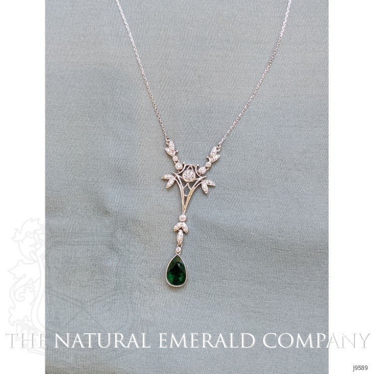 1.09 Ct. Emerald Natural Diamond Antique Style Necklace, 18K White Gold