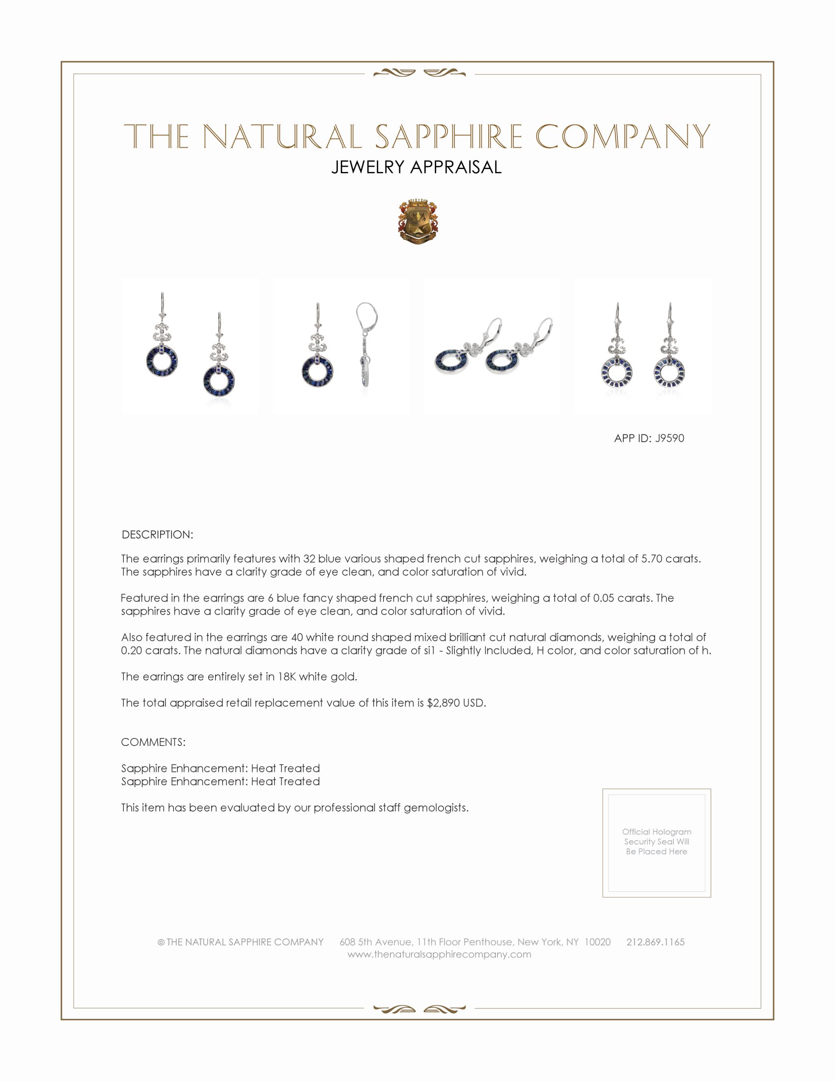 5.70 Ct.Tw. Blue Sapphire and Natural Diamond Pave Earrings, 18K White Gold