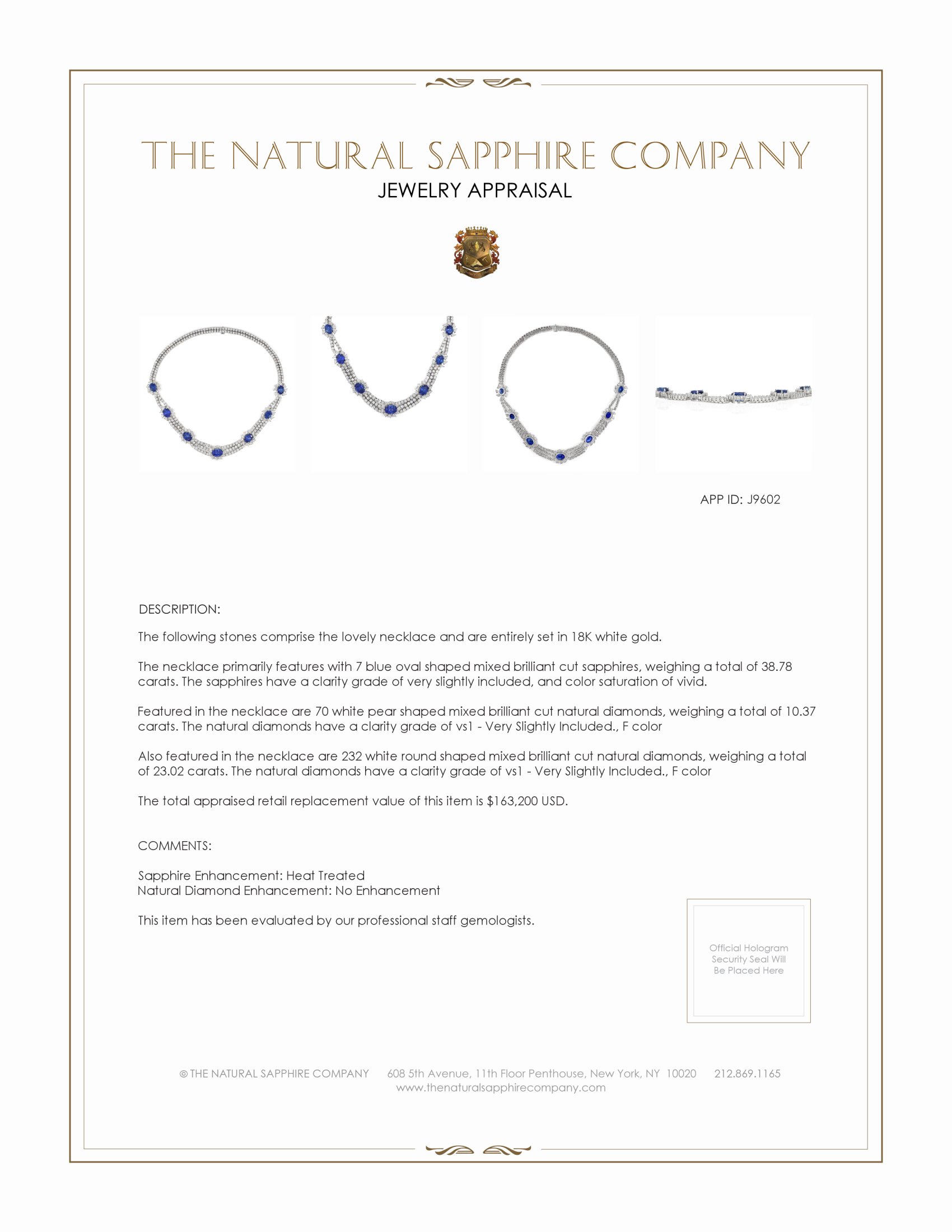 38.78 Ct. Blue Sapphire and Natural Diamond Halo Necklace, 18K White Gold