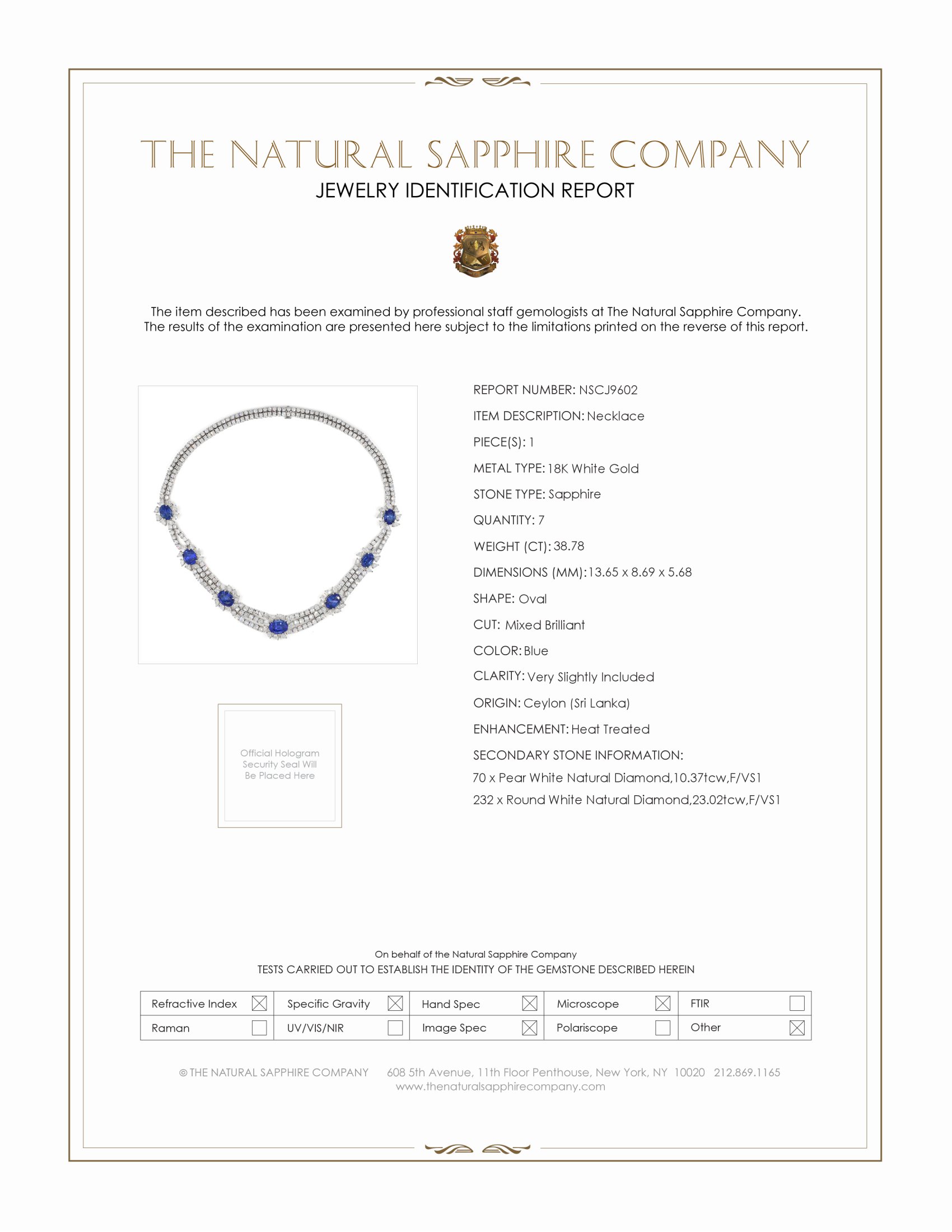 38.78 Ct. Blue Sapphire and Natural Diamond Halo Necklace, 18K White Gold