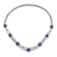 38.78 Ct. Blue Sapphire and Natural Diamond Halo Necklace, 18K White Gold Video