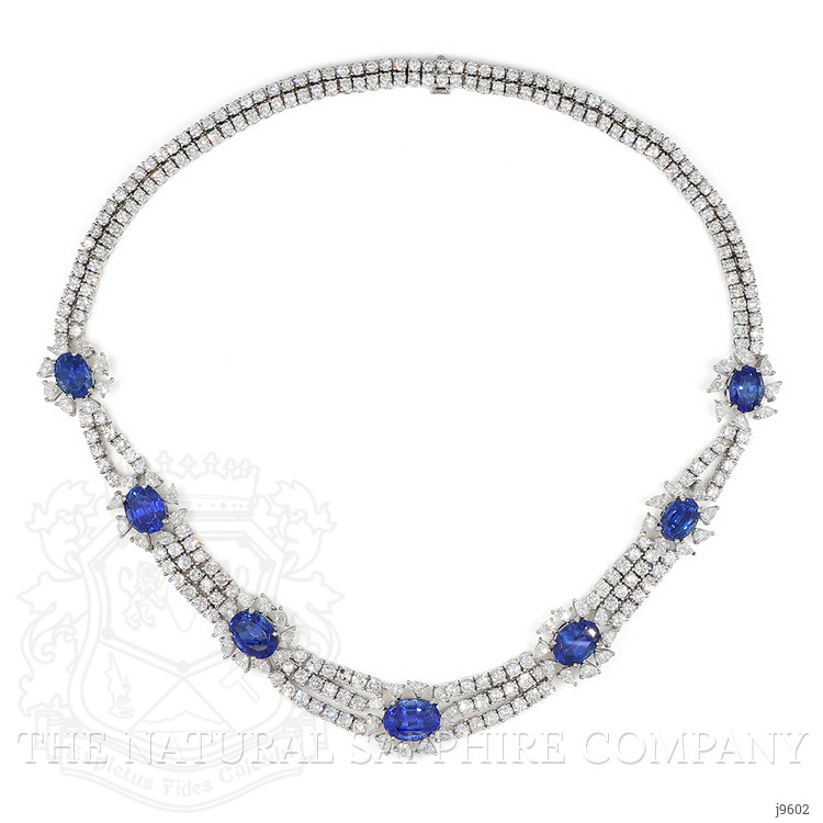 38.78 Ct. Blue Sapphire and Natural Diamond Halo Necklace, 18K White Gold