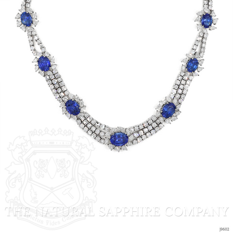 38.78 Ct. Blue Sapphire and Natural Diamond Halo Necklace, 18K White Gold