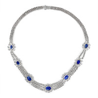 38.78 Ct. Blue Sapphire and Natural Diamond Halo Necklace, 18K White Gold Image
