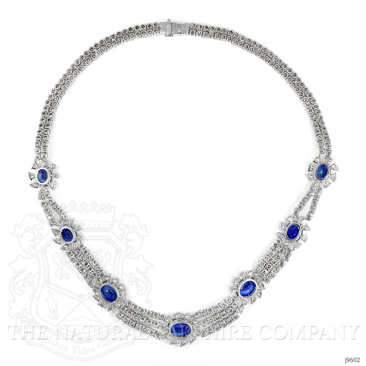 38.78 Ct. Blue Sapphire and Natural Diamond Halo Necklace, 18K White Gold