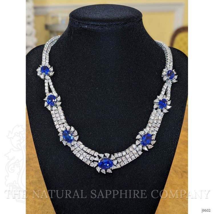 38.78 Ct. Blue Sapphire and Natural Diamond Halo Necklace, 18K White Gold