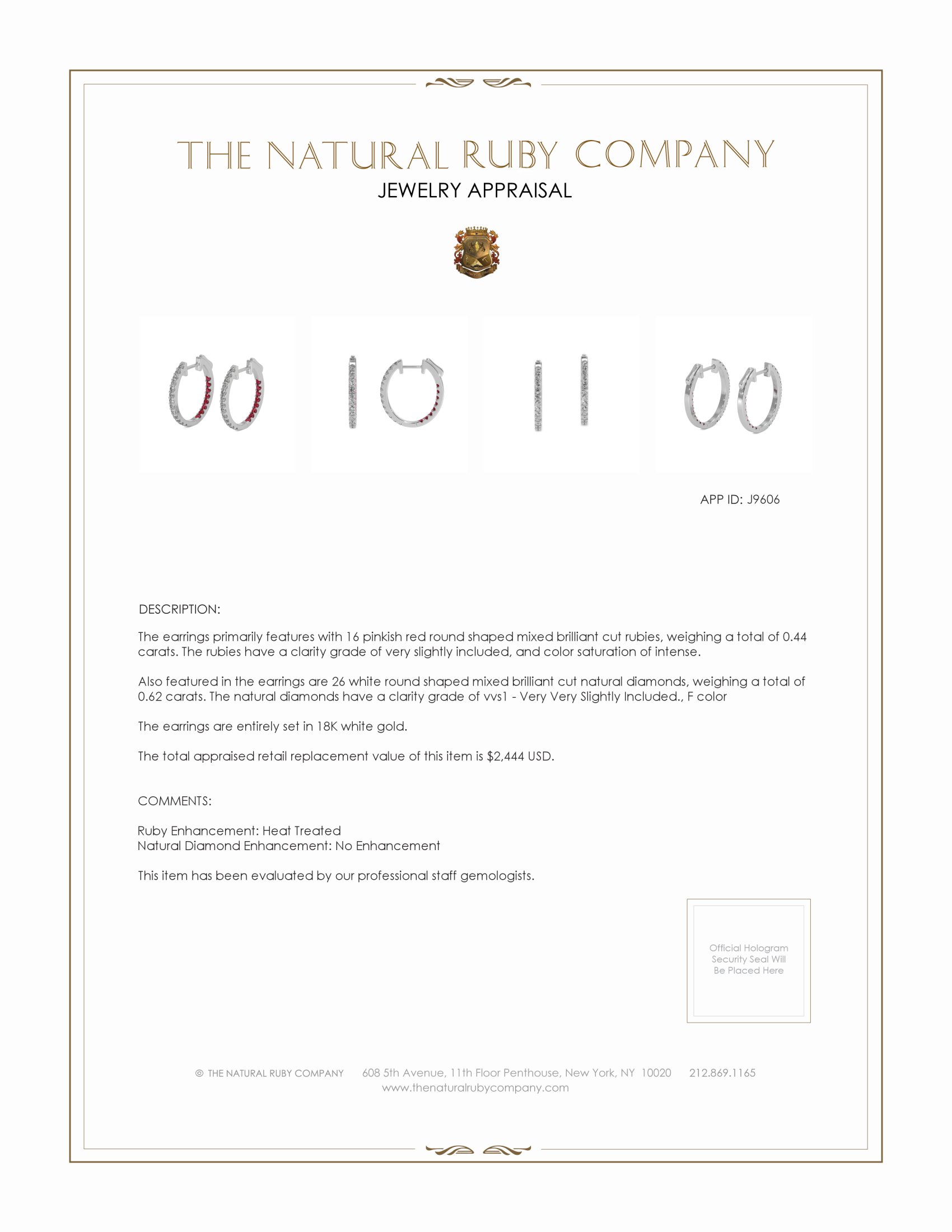 0.44 Ct.Tw. Pinkish Red Ruby and Natural Diamond Hoops Earrings, 18K White Gold