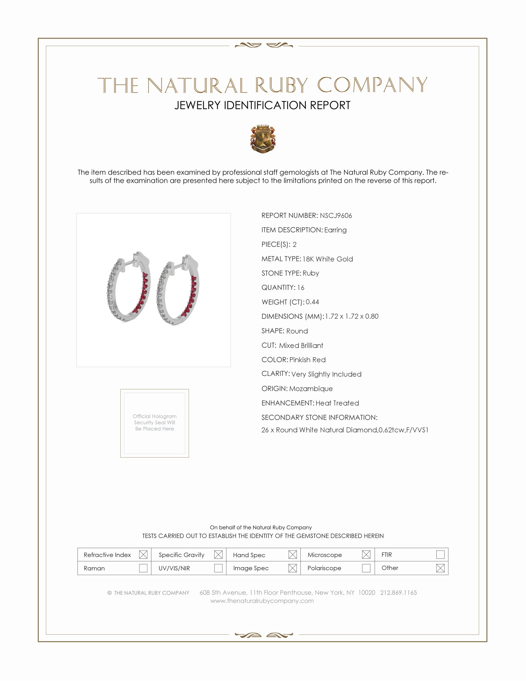0.44 Ct.Tw. Pinkish Red Ruby and Natural Diamond Hoops Earrings, 18K White Gold