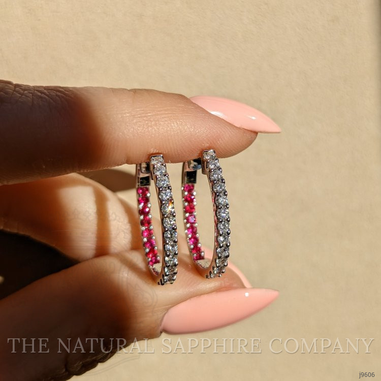 0.44 Ct.Tw. Ruby Natural Diamond Hoops Earrings, 18K White Gold