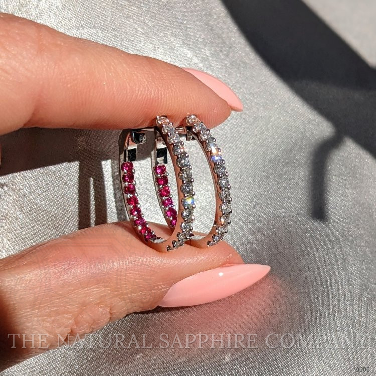 0.44 Ct.Tw. Ruby Natural Diamond Hoops Earrings, 18K White Gold