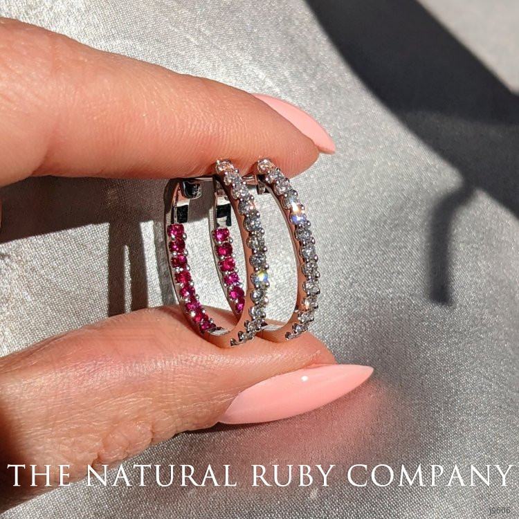 0.44 Ct.Tw. Ruby Natural Diamond Hoops Earrings, 18K White Gold