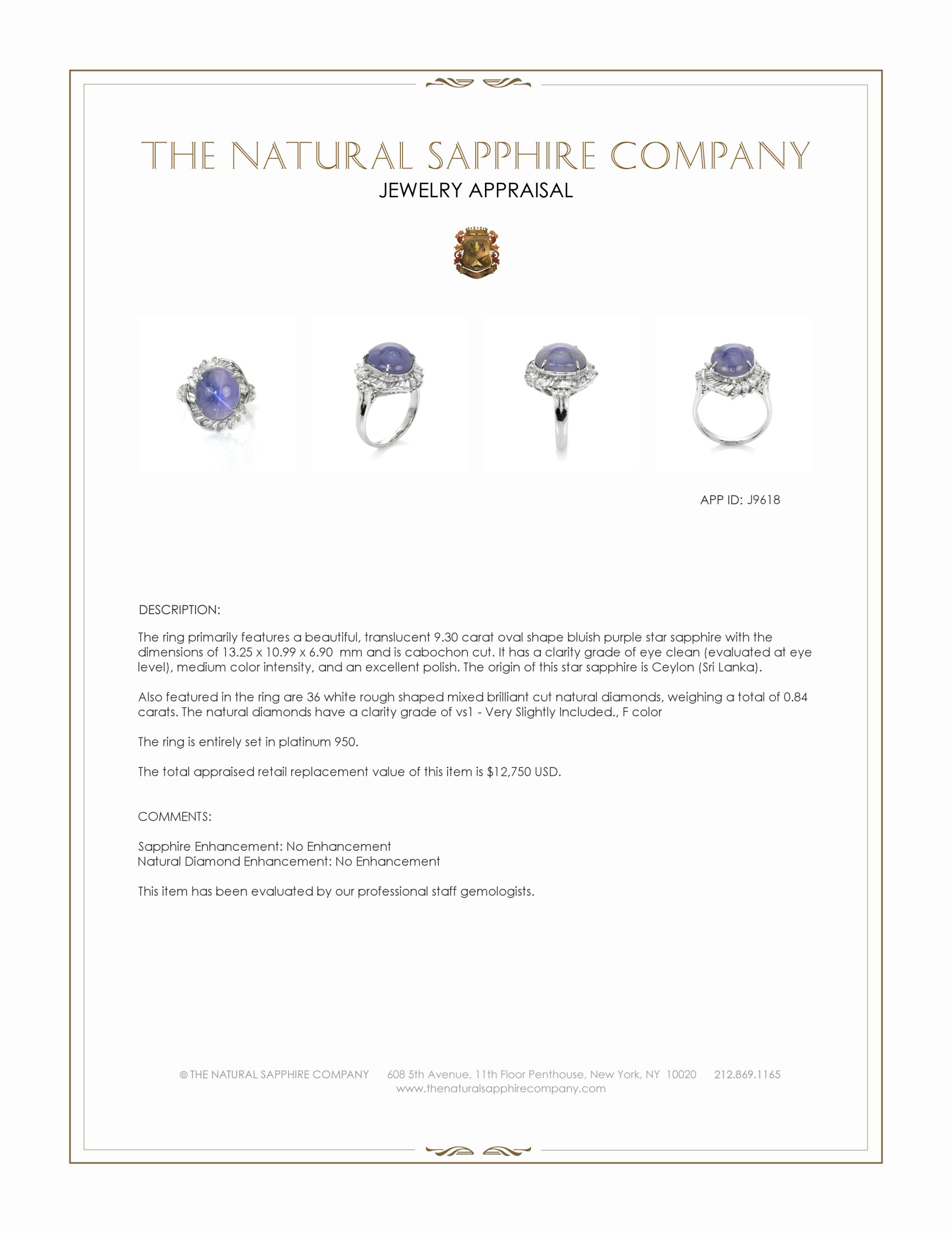 9.30 Ct. Bluish Purple Sapphire and Natural Diamond Antique Style Ring, Platinum 950