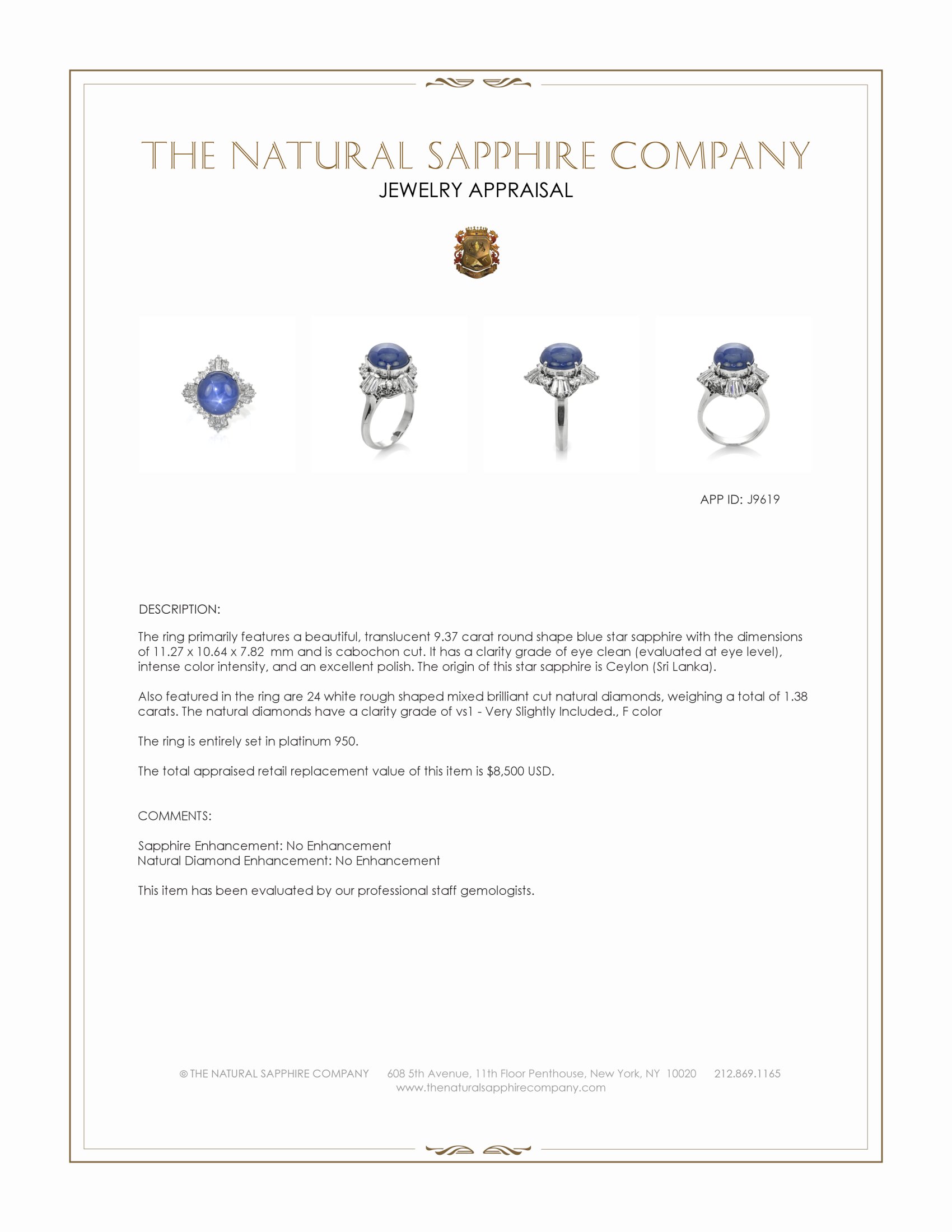 9.37 Ct. Blue Sapphire and Natural Diamond Antique Style Ring, Platinum 950
