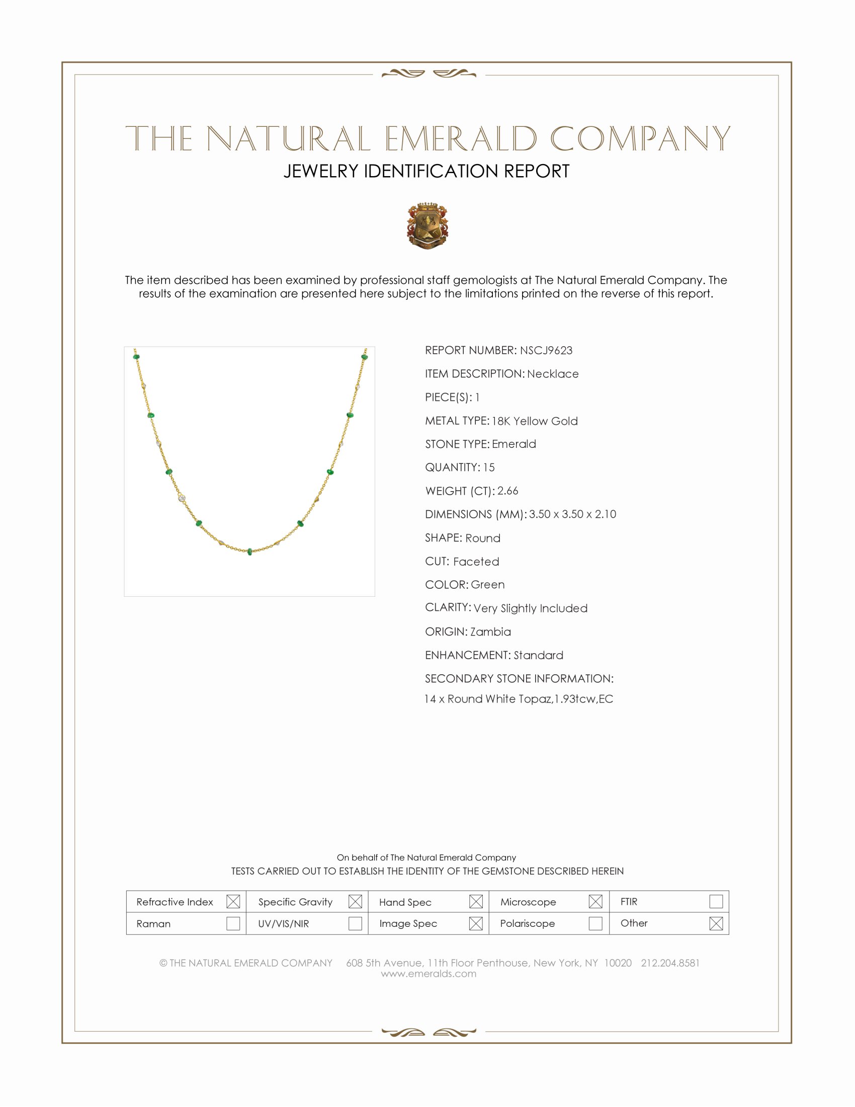 2.66 Ct. Emerald and White Topaz Accent Stones Necklace, 18K Yellow Gold